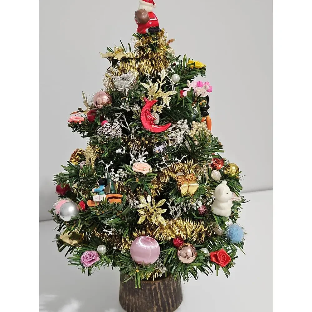 Artificial Tabletop Decorated Christmas Tree Santa Claus Topper Retro Kitsch